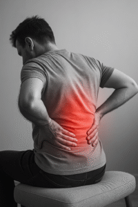 Man met rugpijn die zijn onderrug vasthoudt, illustratie van rugklachten en fysiotherapie Helmond.