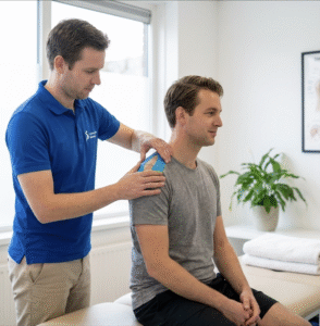 Fysiotherapeut in Helmond die medical tape aanbrengt op de schouder van een patiënt bij Fysiopraktijk Helmond