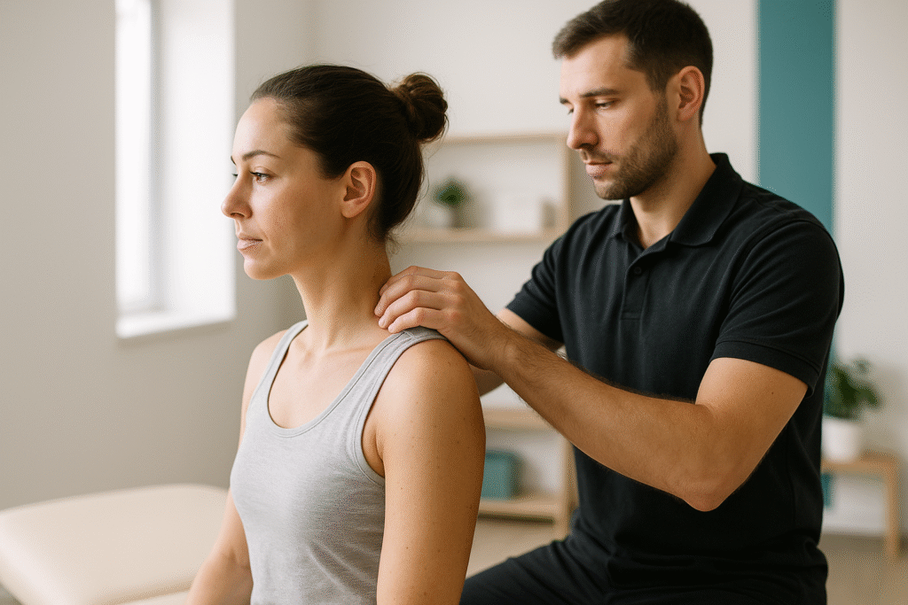 Fysiotherapeut onderzoekt schouder en nek tijdens intake manuele therapie in Helmond