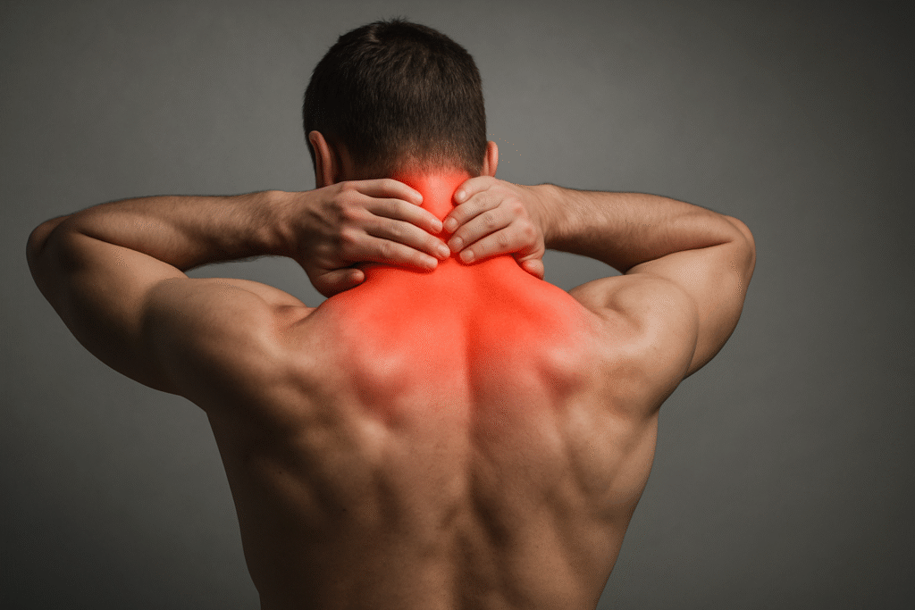 Achteraanzicht met rode pijnzone bij nek en schouders als illustratie van nekpijn