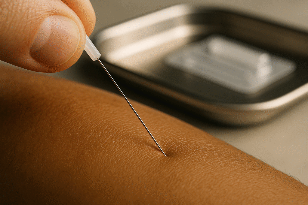 Close-up van een steriele dry-needling naald die de huid kort prikkelt.