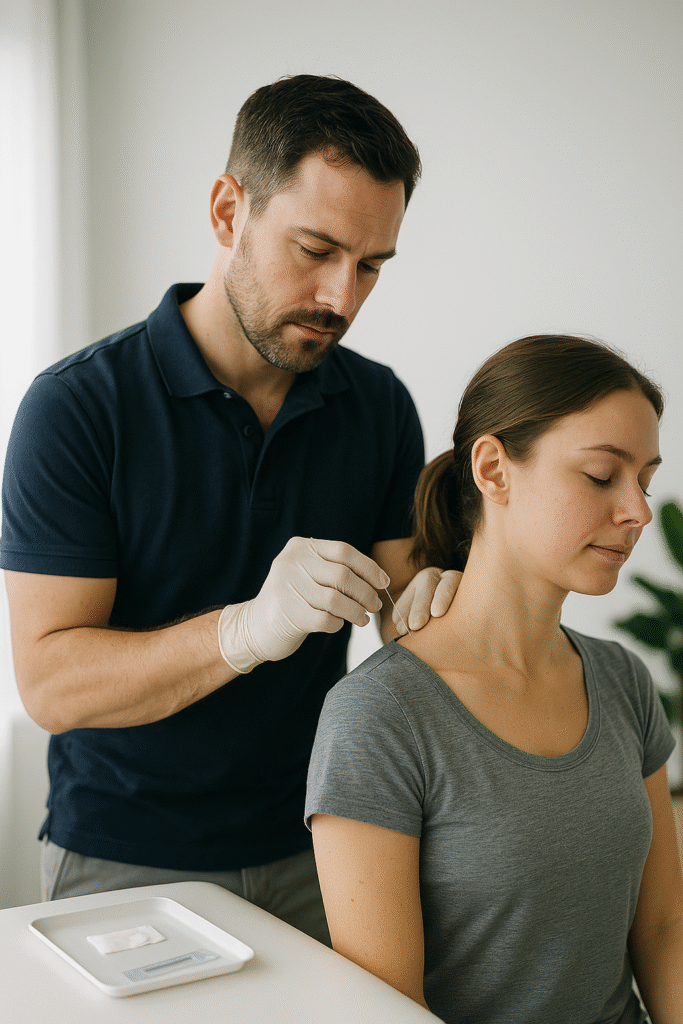Fysiotherapeut voert dry needling uit aan de schouderspier bij een zittende patiënt (Helmond).