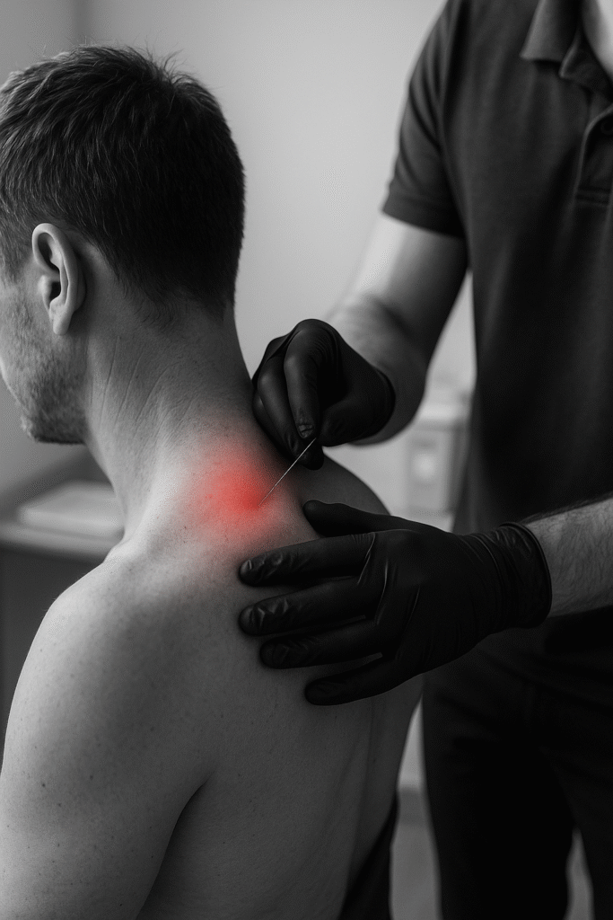 Dry needling veilig en hygiënisch uitgevoerd door fysiotherapeut met handschoenen.