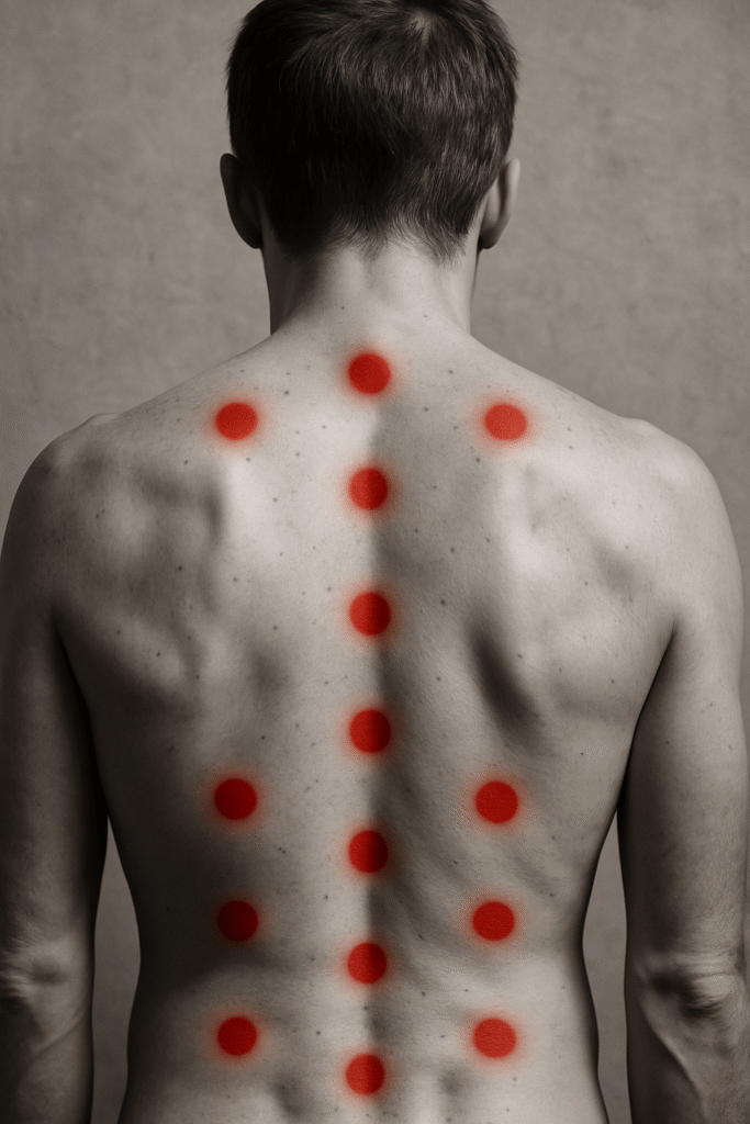 Dry needling van de bovenste trapezius met subtiele rood accent op het behandelgebied (Helmond).