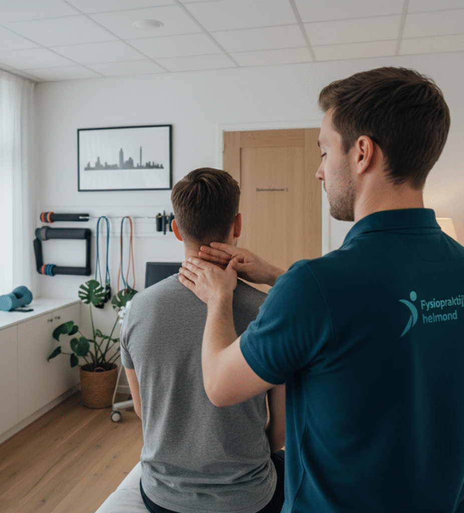 Manueel therapeut voert zittende cervicale mobilisatie uit in moderne praktijk in Helmond