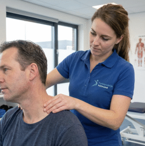 Fysiotherapeut behandelt de nek van een patiënt met nekklachten bij Fysiopraktijk Helmond